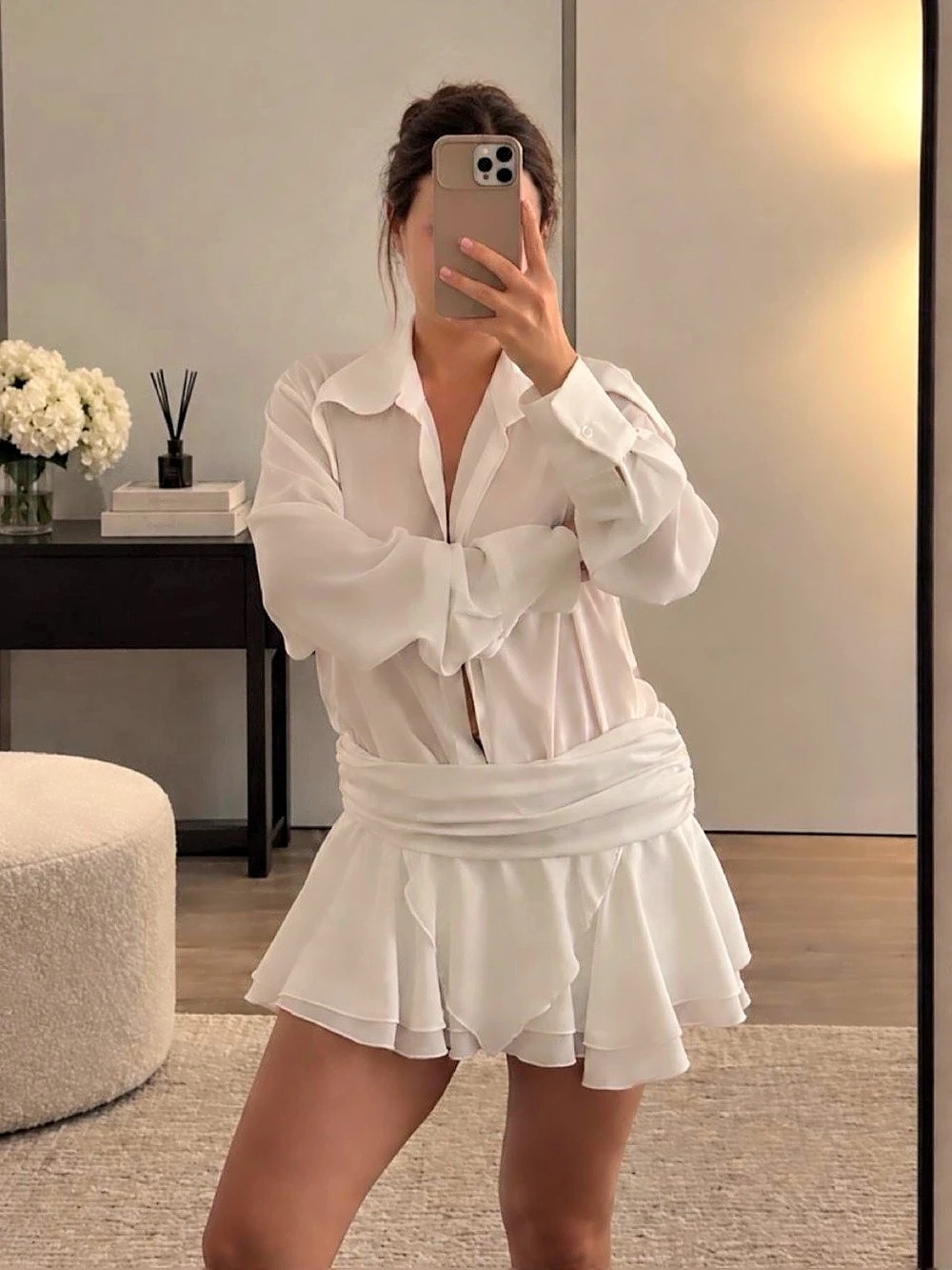 White Collared Ruffle Mini Dress Like New - Picture 3 of 3